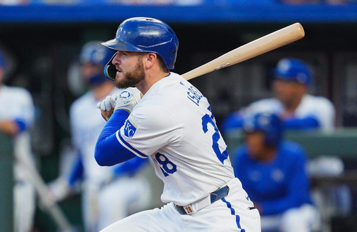 Kansas City Royals center fielder Kyle Isbel drives in two runs with a second-inning single against the Los Angeles Angels on Wednesday evening at Kauffman Stadium.