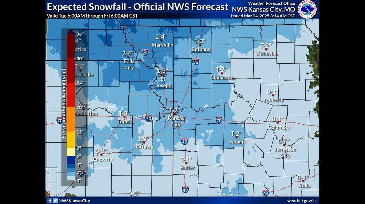 A powerful storm system will bring a wild mix of weather to the Kansas City area on Tuesday, according to the National Weather Service. Moderate to heavy rain, possible severe thunderstorms, strong winds, snowfall and potential blizzard conditions, the weather service said. A dusting to 2 inches of snow is possible in the metro.