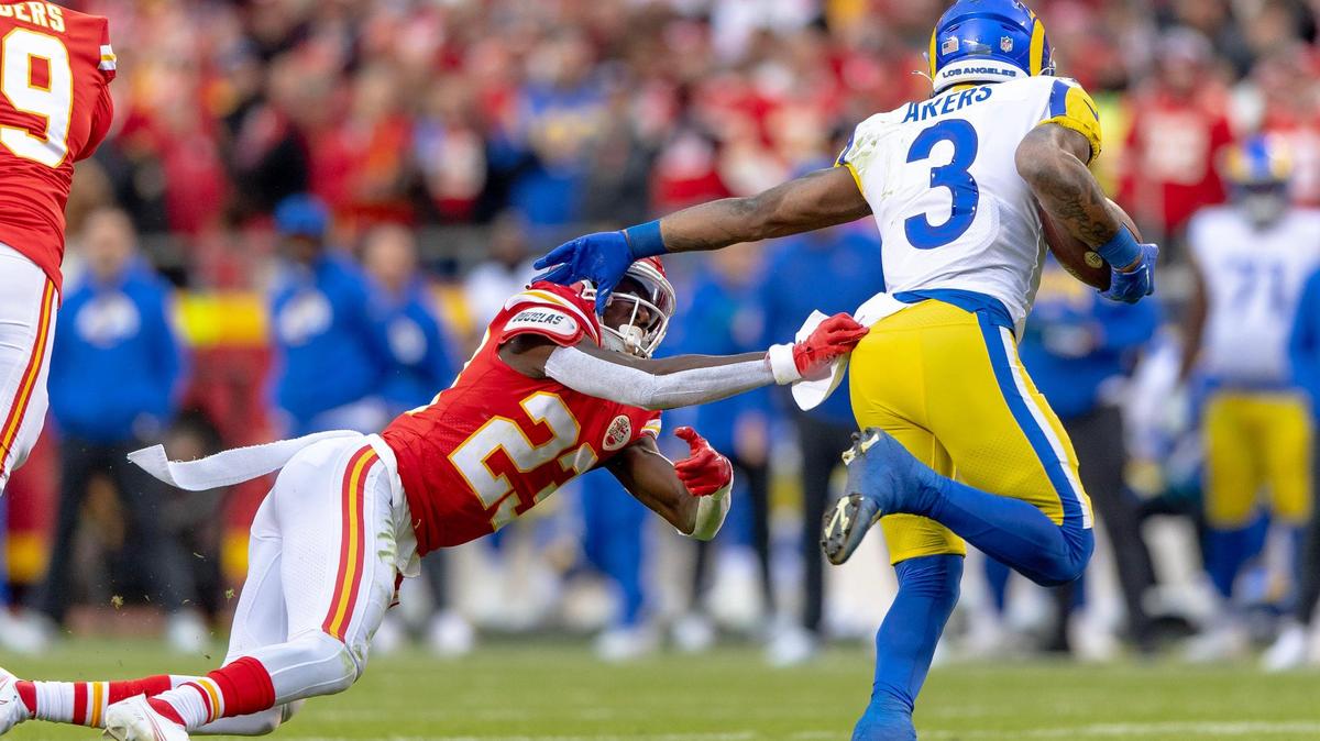 Kansas City Chiefs cornerback Joshua Williams (23) attempts to tackle Los Angeles Rams running back Cam Akers (3) during an NFL football game at Arrowhead Stadium on Sunday, Nov. 27, 2022 in Kansas City.
