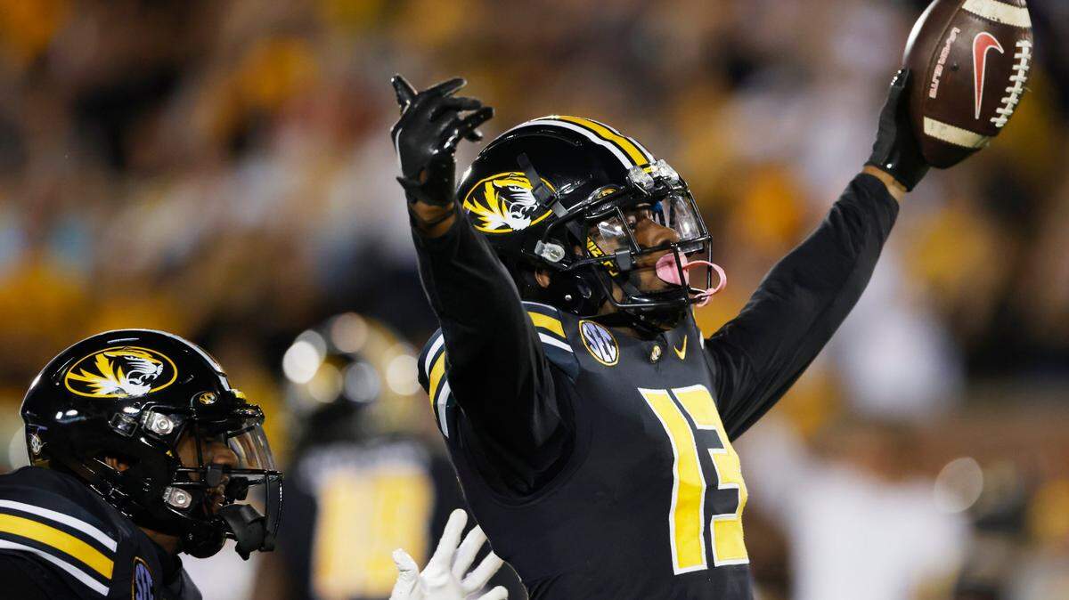 Missouri Tigers defensive back Daylan Carnell celebrates after recovering a Georgia fumble on Saturday in Columbia.