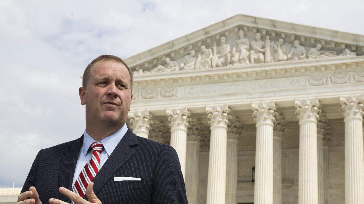 Missouri Attorney General Eric Schmitt in front of the U.S. Supreme Court in Washington. Schmitt, who is running for the U.S. Senate, says his office cannot investigate an alleged violation of open records laws by the governor’s office.
