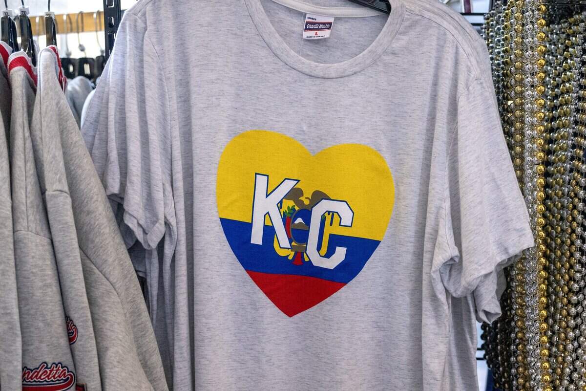 A Charlie Hustle Ecuador-themed shirt is displayed for sale at Rally House inside Union Station on Tuesday, June 9, 2026, in Kansas City.