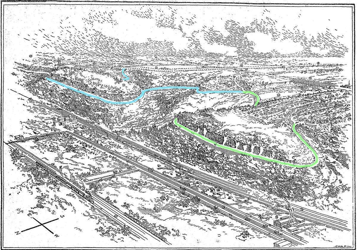 Bird’s-eye illustration of North Terrace Park showing Cliff Drive, highlighted in blue, and the planned western extension, in green, ran in The Kansas City Star on December 13, 1903. 