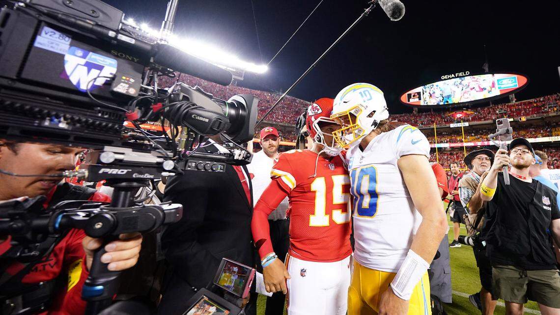 Los Angeles Chargers quarterback Justin Herbert met with Kansas City Chiefs quarterback Patrick Mahomes following a game last year at GEHA Field at Arrowhead Stadium.