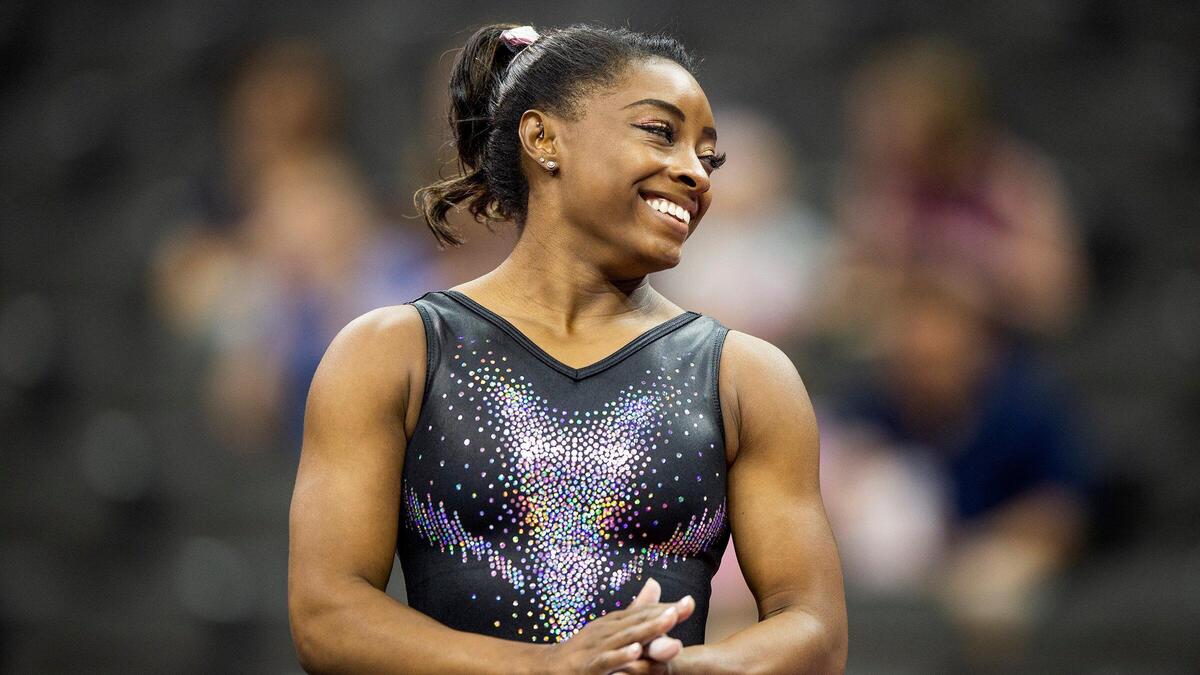 In this file photo from 2019, Simone Biles warms up for championship night of the Women USA Gymnastics National Championships Sunday at the Sprint Center in Kansas City.