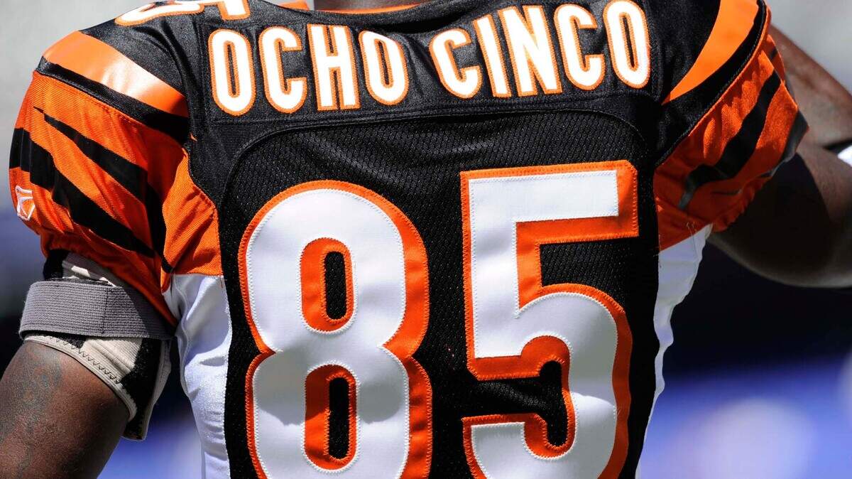 Detail of the jersey of Cincinnati Bengals Cincinnati Bengals wide receiver Chad Ocho Cinco, who recently had his name legally changed from Chad Johnson, warms up before the start of an NFL football game against the Baltimore Ravens, Sunday, Sept. 7, 2008, in Baltimore.(AP Photo/Nick Wass)