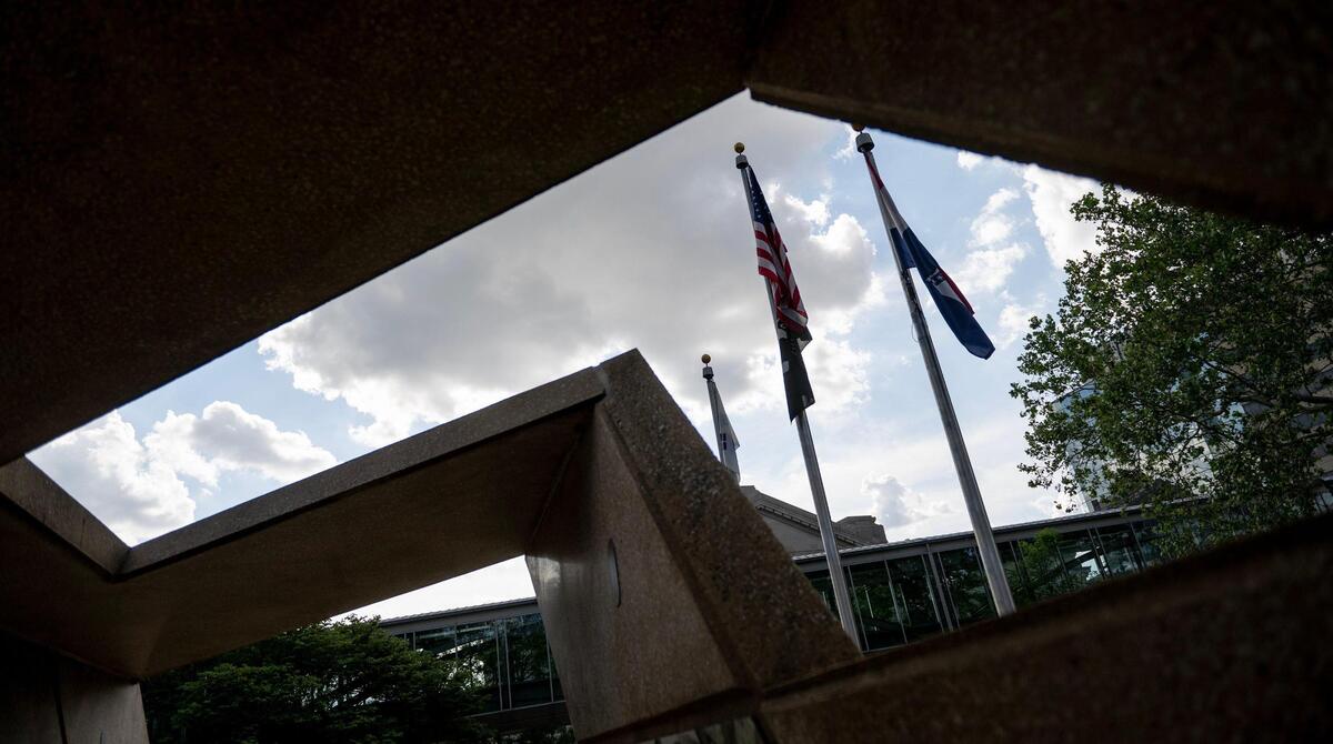This memorial features angular, geometric structures.
