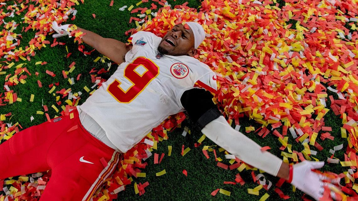 Kansas City Chiefs wide receiver JuJu Smith-Schuster (9) celebrates after defeating the Philadelphia Eagles 38-35 in the Super Bowl LVII football game on Sunday, Feb. 12, 2023, in Glendale, Ariz.