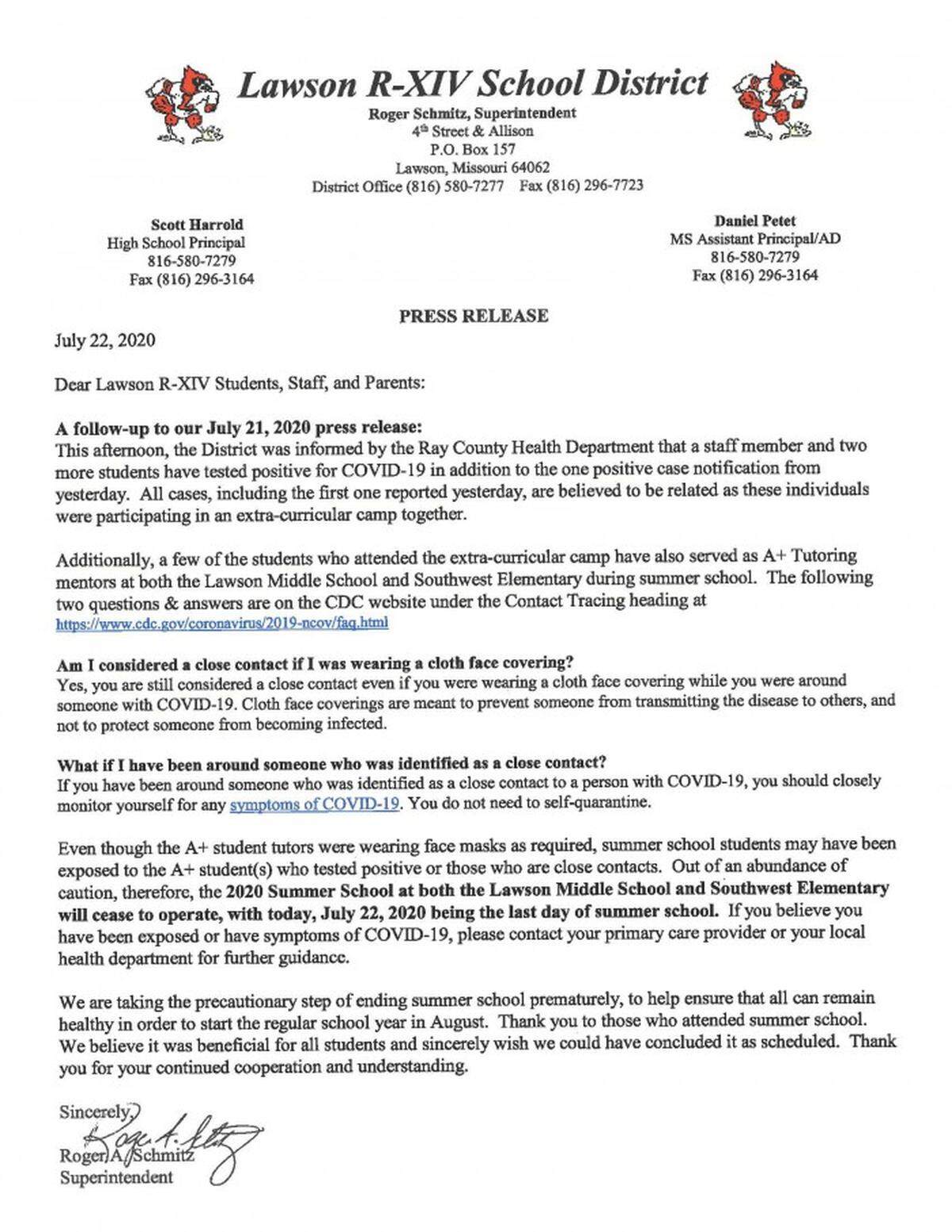 Letter from Lawson School District canceling summer school.