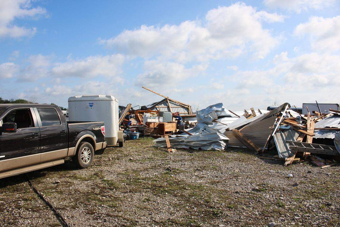 Former storage unit buildings are seen toppled and in rubble at Hillsdale Boat & Mini Storage on April 14, 2026.