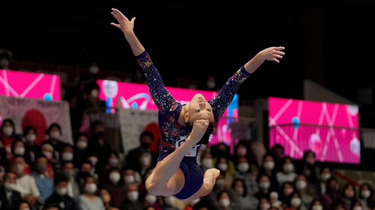 Leanne Wong competes in the floor exercise during the women’s apparatus finals at the FIG Artistic Gymnastics World Championships in Kitakyushu Japan on Sunday.