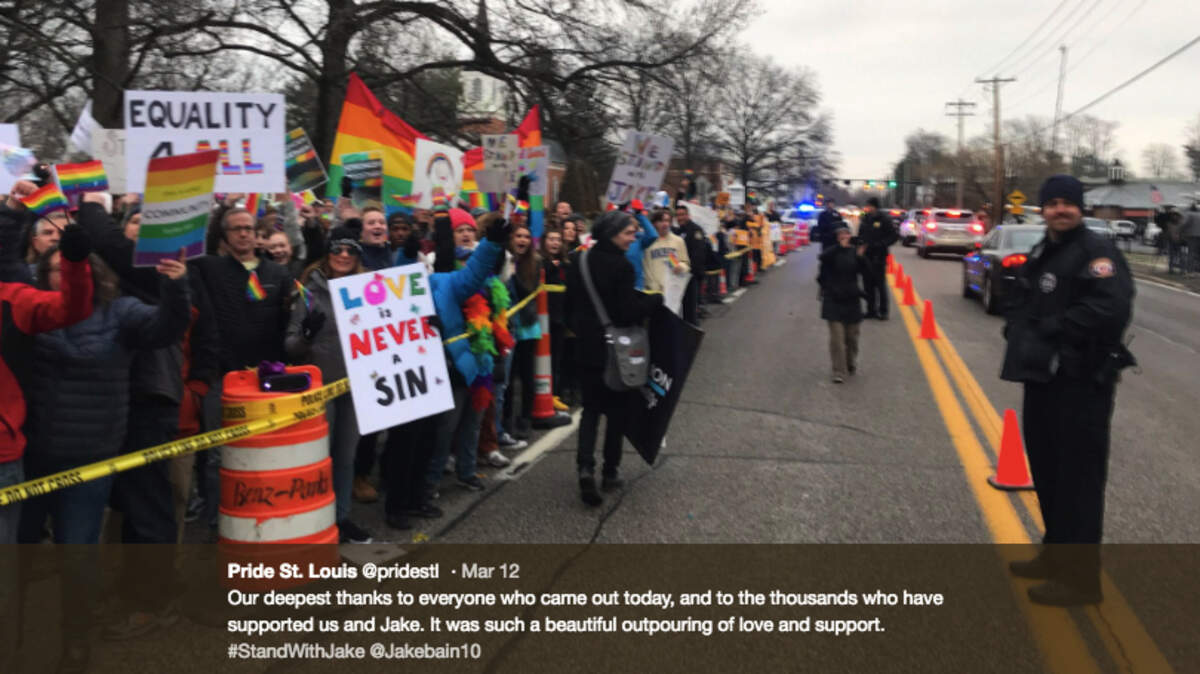 Star athlete Jake Bain at John Burroughs School in Ladue, Mo., came out as gay last year. On Monday, the community stared down protesters from Westboro church in Kansas.