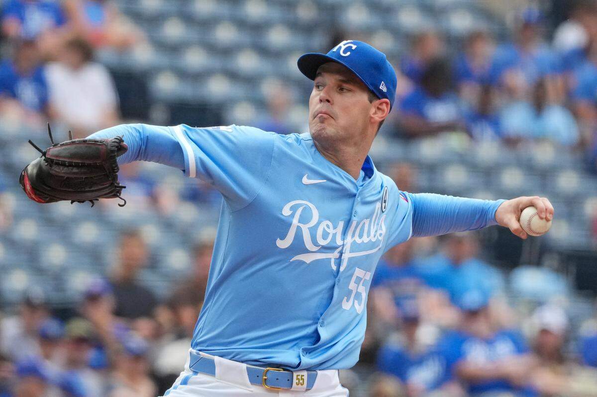 Kansas City Royals starting pitcher Cole Ragans delivers against the San Diego Padres during Sunday’s game at Kauffman Stadium.
