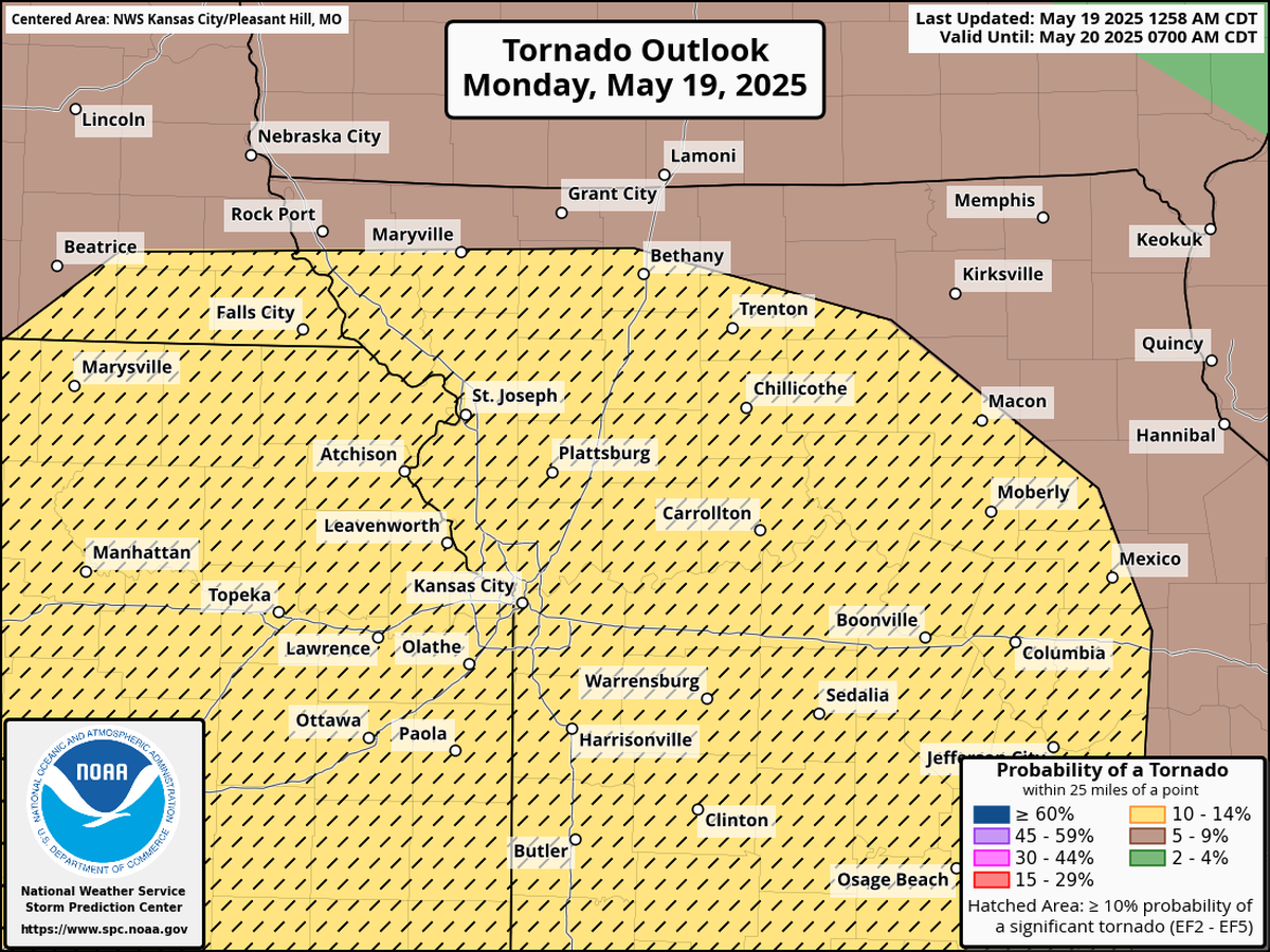 Tornadoes will be possible as severe thunderstorms move through the Kansas City area on Monday, according to the National Weather Service’s Storm Prediction Center.