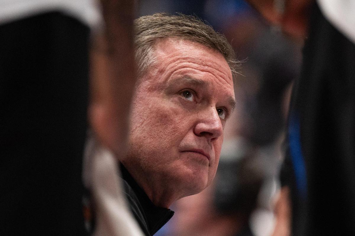 Kansas Jayhawks head coach Bill Self during a timeout late in the second half of a loss to the Houston Cougars on Saturday, Jan. 25, 2025, at Allen Fieldhouse.