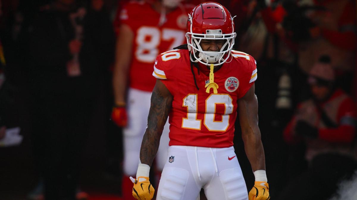 Kansas City Chiefs running back Isiah Pacheco (10) takes the field for player introductions before the Chiefs’ game with the Las Vegas Raiders on Friday, Nov. 29, 2024, at GEHA Field at Arrowhead Stadium.