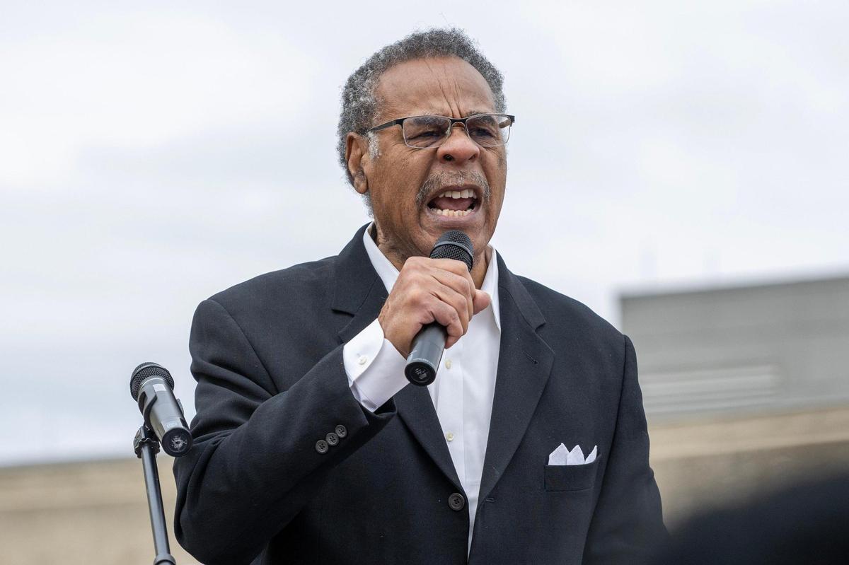 Rep. Emanuel Cleaver addresses the crowd during a rally in support of federal workers on Saturday, March 15, 2025, in Kansas City.