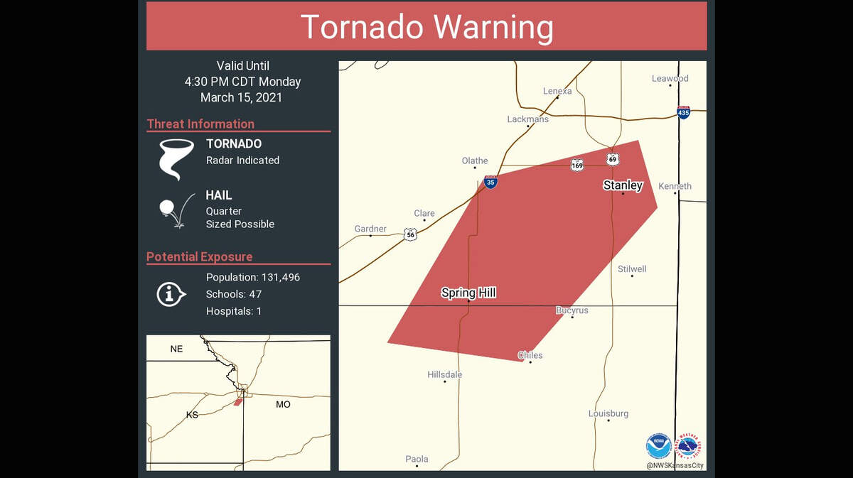 The National Weather Service in Kansas City has issued a tornado warning for parts of Miami and Johnson counties in Kansas as severe thunderstorms fire up in the metro area.