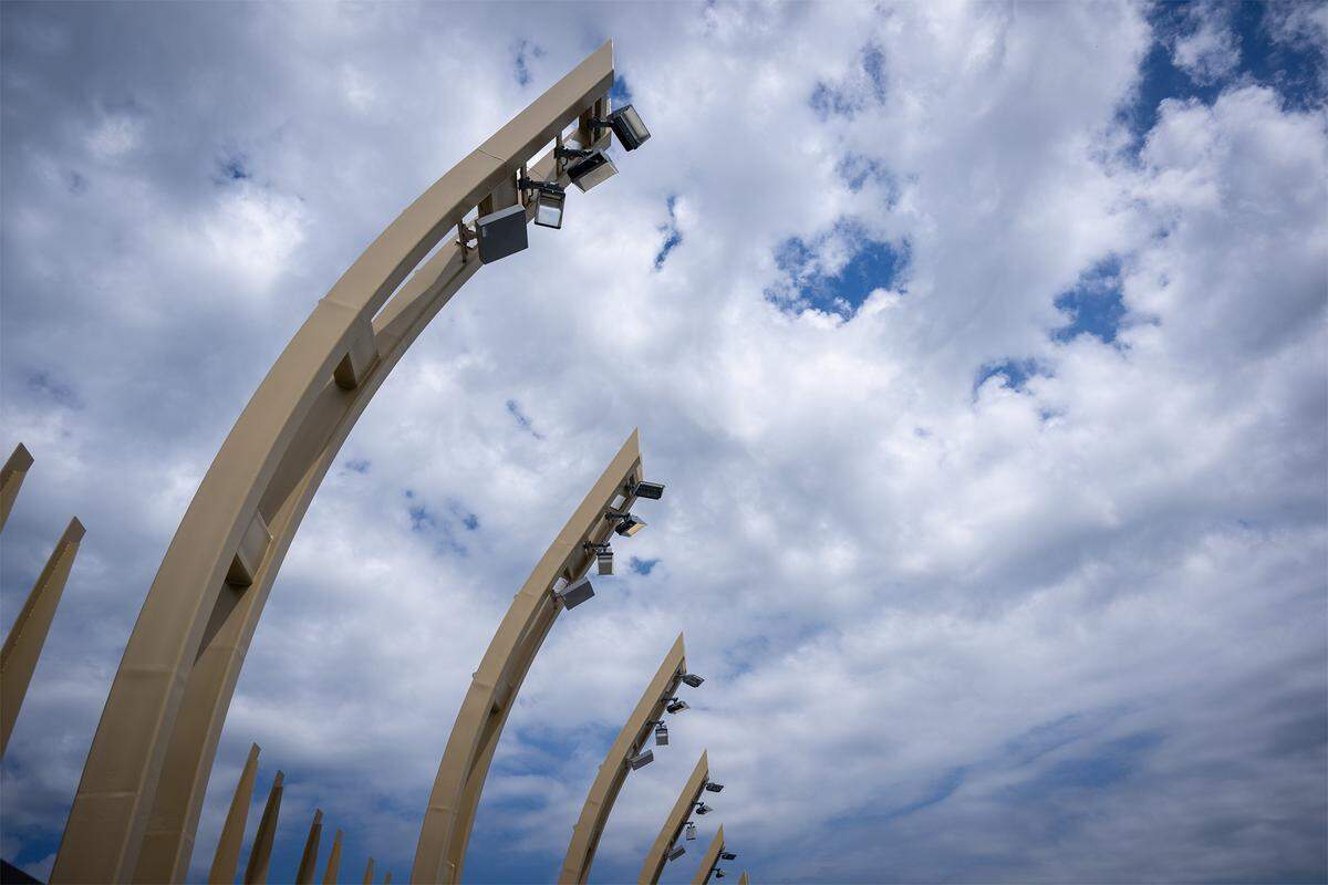 Lighting structures, designed to resemble shafts of wheat, were seen during a tour showing off the $450 million in renovations at David Booth Kansas Memorial Stadium on Tuesday, Aug. 19, 2025, at the University of Kansas in Lawrence.  