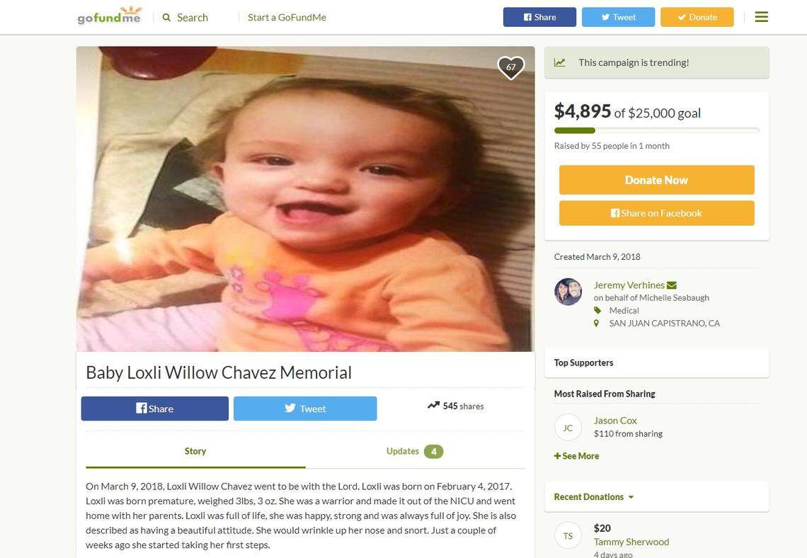 Following a 13-month-old girl's death in Cape Girardeau, Mo., the community raised more than $4,800 through GoFundMe to help the family. The girl, Loxli, was killed by a dog at her babysitter's house on March 9.