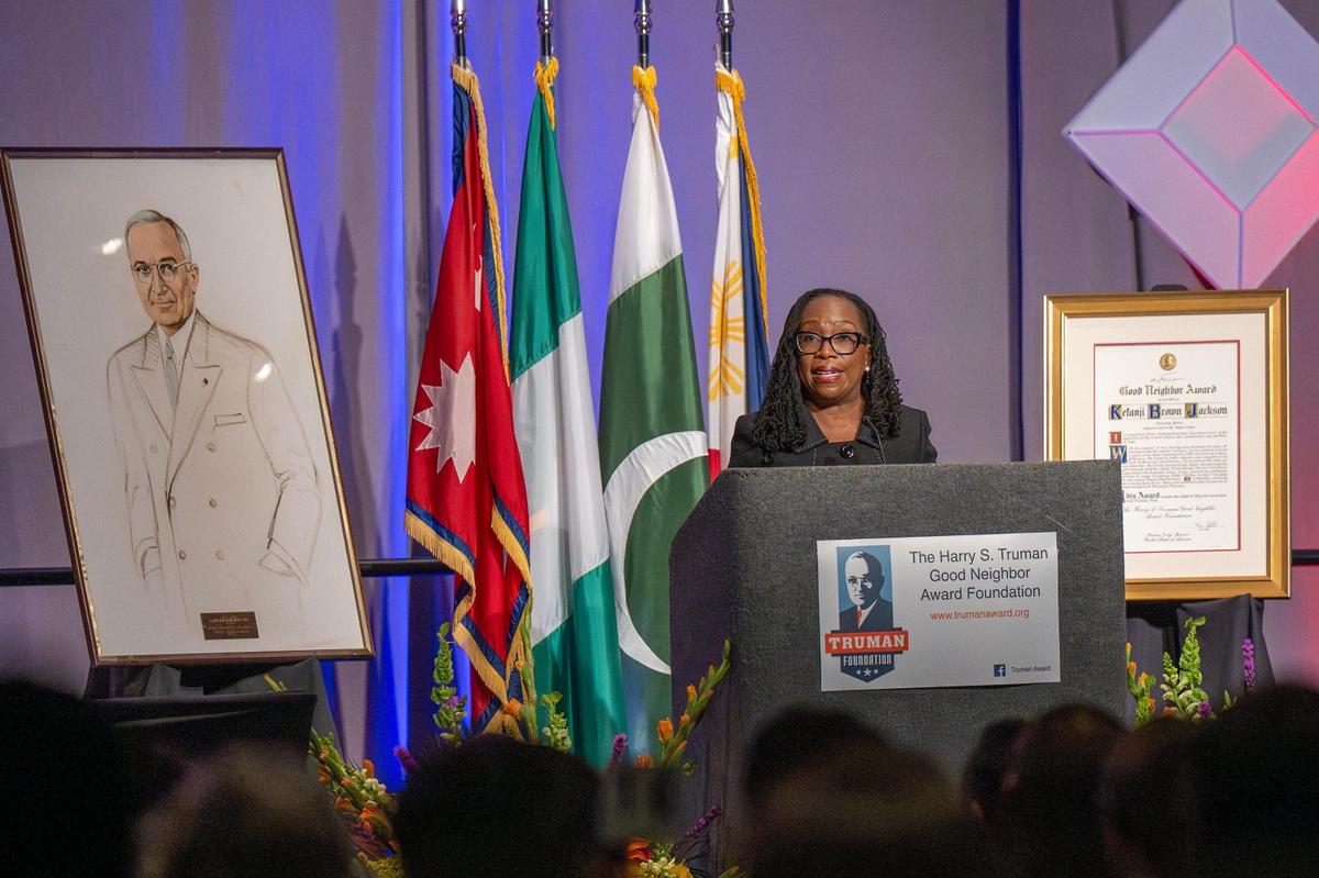 U.S. Supreme Court Justice Ketanji Brown Jackson delivers a speech after receiving the Harry S. Truman Good Neighbor Award.