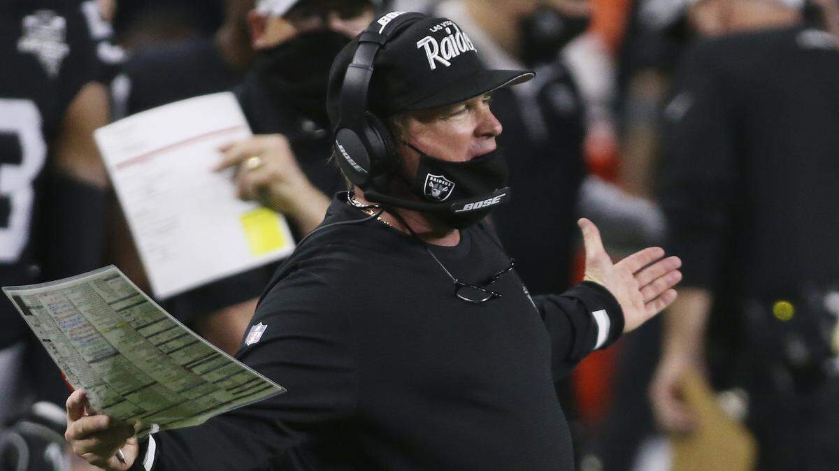 Las Vegas Raiders head coach Jon Gruden reacts during the second half of an NFL football game against the Los Angeles Chargers, Thursday, Dec. 17, 2020, in Las Vegas. (AP Photo/Isaac Brekken)