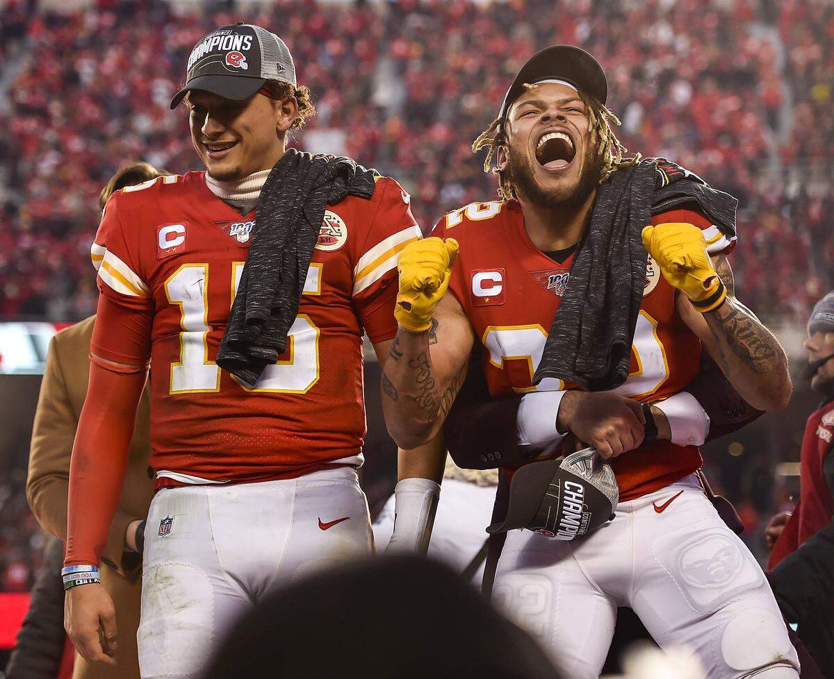 Quarterback Patrick Mahomes, left, and safety Tyrann Mathieu reached the biggest stage in football in early 2020 when they helped lead the Chiefs to a long-awaited Super Bowl championship in Miami.