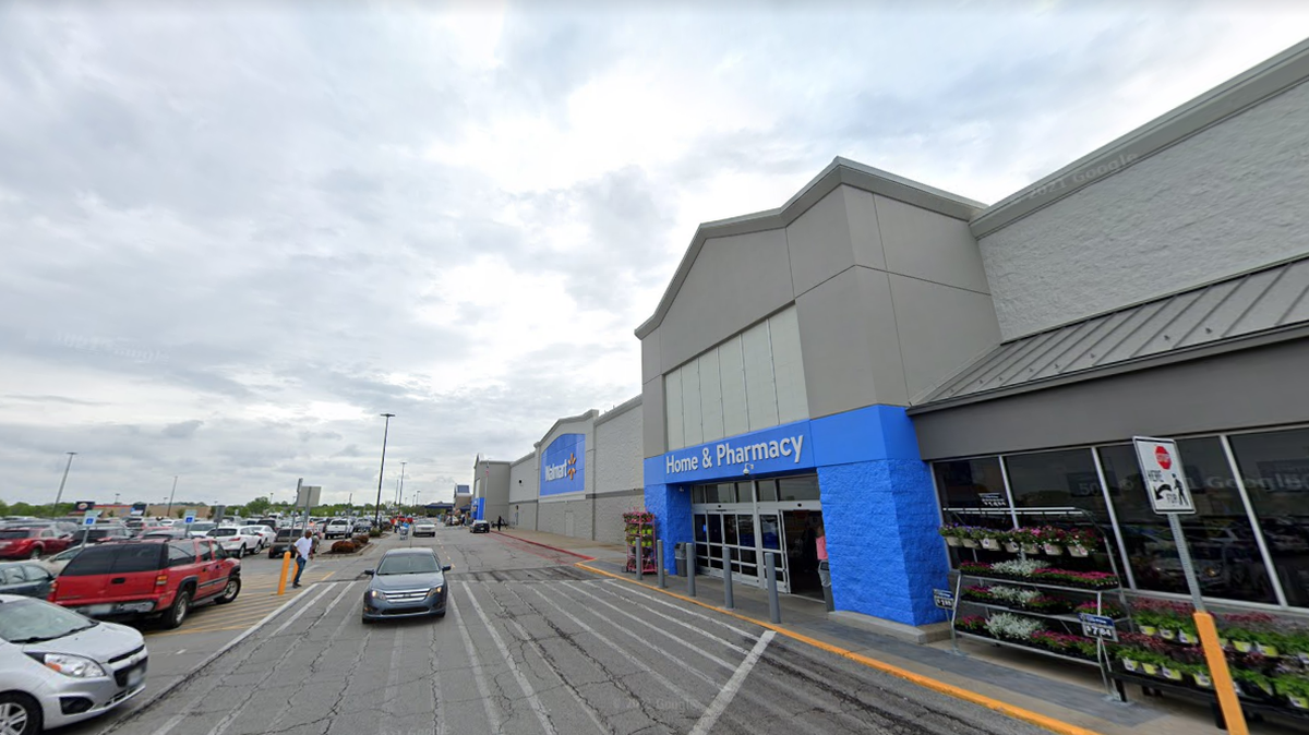 A Google Maps street view image from May 2019 shows the Walmart on Boardwalk Avenue in Kansas City, Missouri.