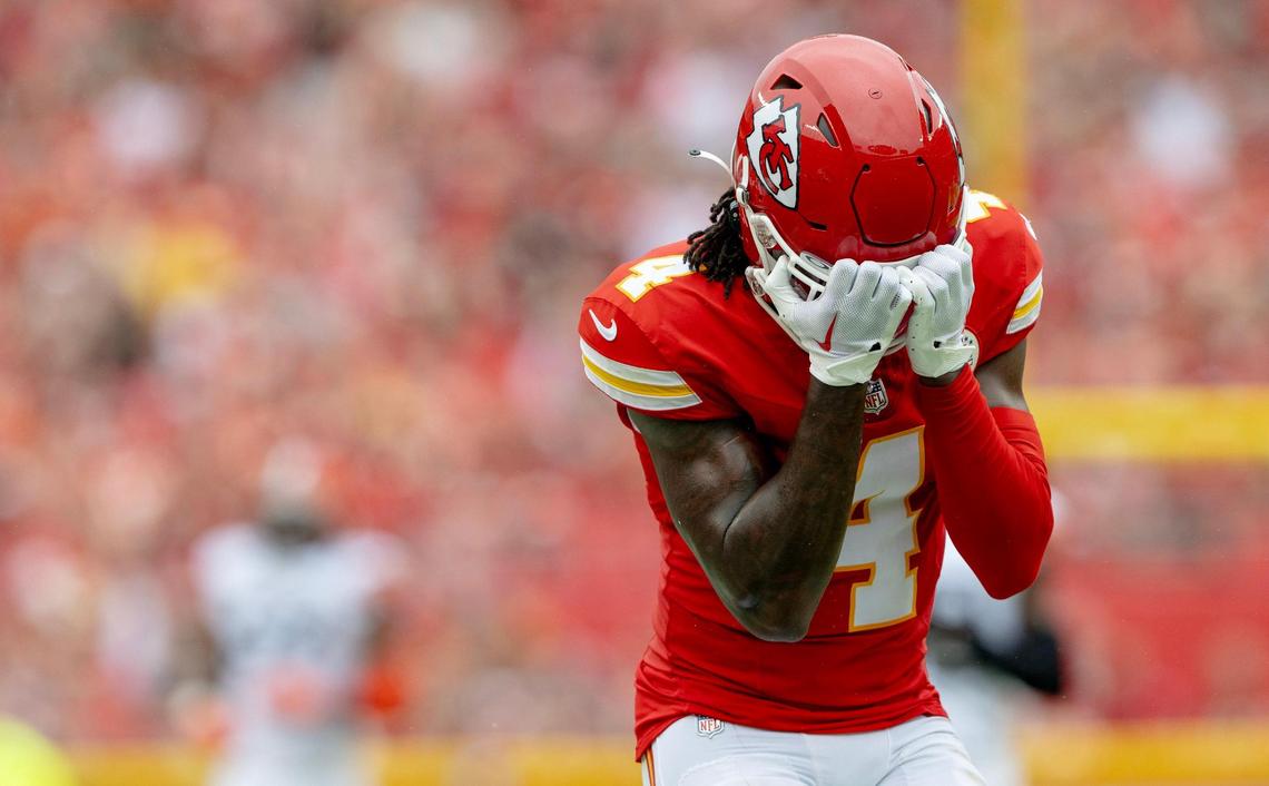 Kansas City Chiefs wide receiver Rashee Rice (4) reacts after dropping a pass during an NFL preseason football game against the Cleveland Browns on Saturday, Aug. 26, 2023, in Kansas City.