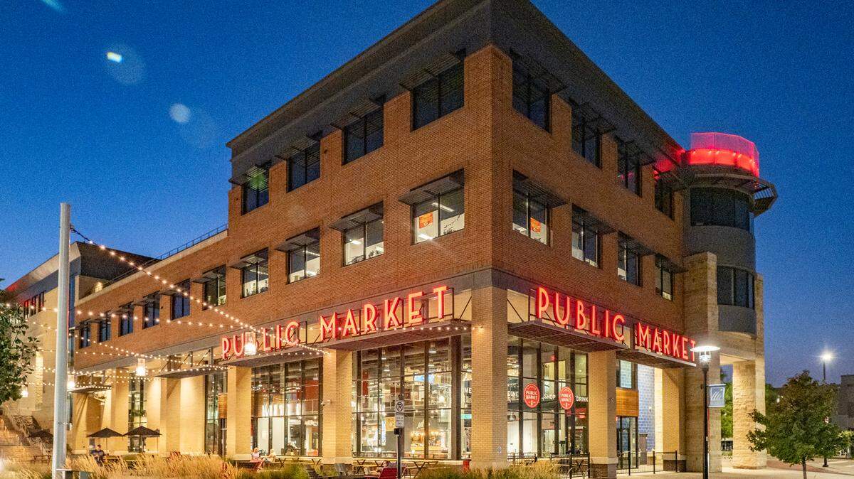 The Public Market houses several restaurants and is a popular gathering place for residents near Lenexa City Center.