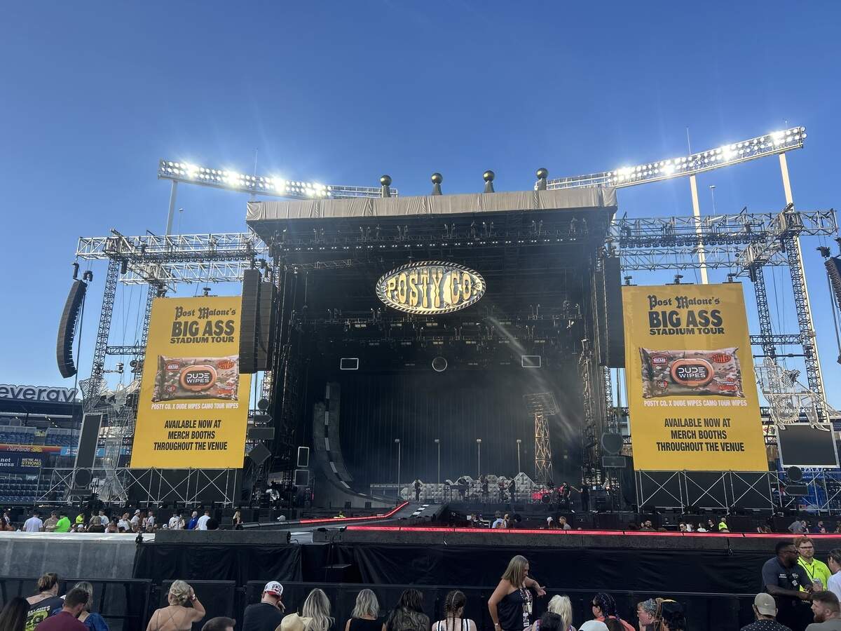 The stage setup for Post Malone’s concert at Kauffman Stadium Wednesday, July 15, 2026, in Kansas City, Missouri.