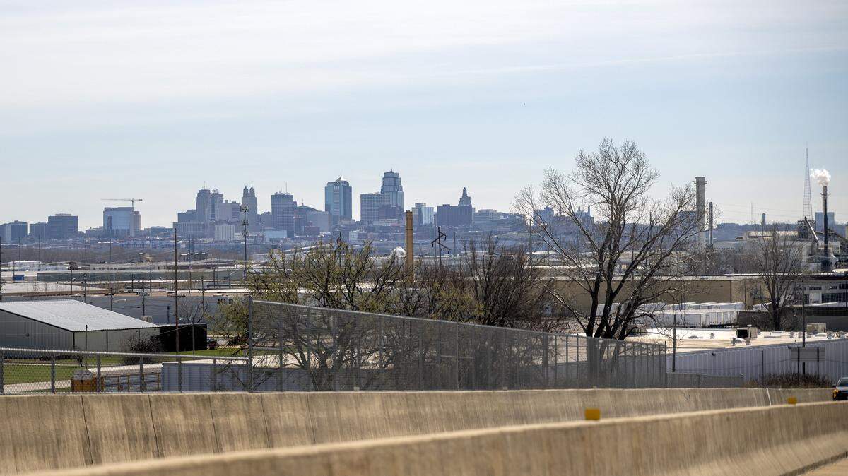 The Kansas City skyline is seen from the Fairfax Bridge on Friday, March 13, 2026.
