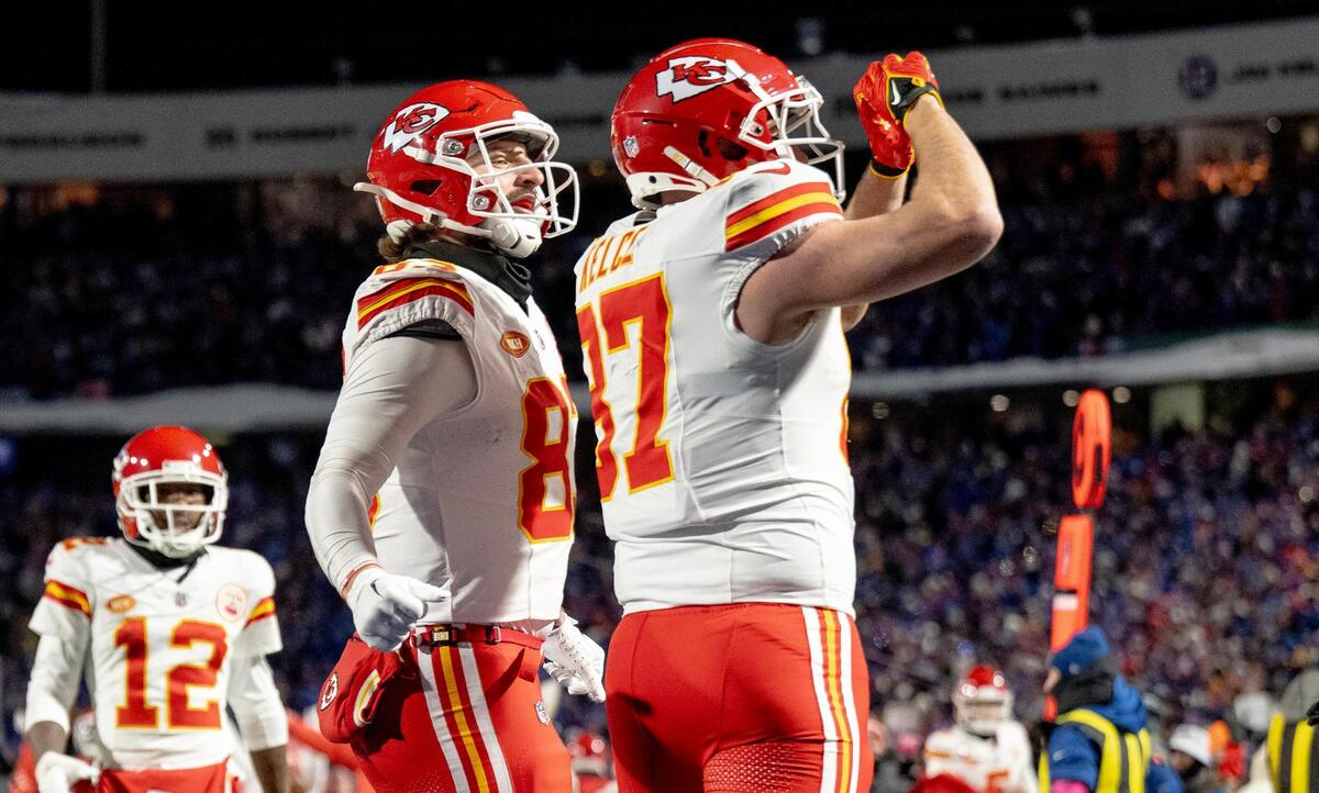 Chiefs tight end Travis Kelce blew a kiss and held up a hand heart after scoring a touchdown against the Buffalo Bills in January 2024. Taylor Swift fans assumed the gestures were meant for her.