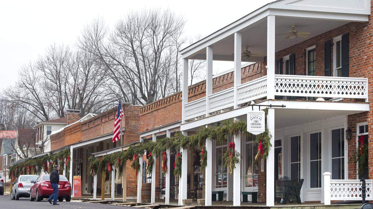 Downtown Arrow Rock, Missouri, features a boardwalk in front of several shops. The entire village is a National Historic Landmark.