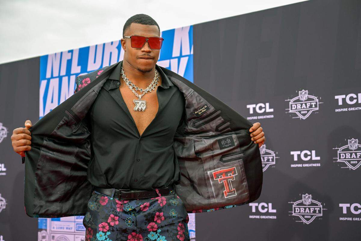 NFL Draft prospect Tyree Wilson, Texas Tech defensive lineman, walked the Red Carpet on the Memorial Courtyard before the first round of the NFL Draft on Thursday, April 27, 2023, at the National WWI Museum and Memorial.