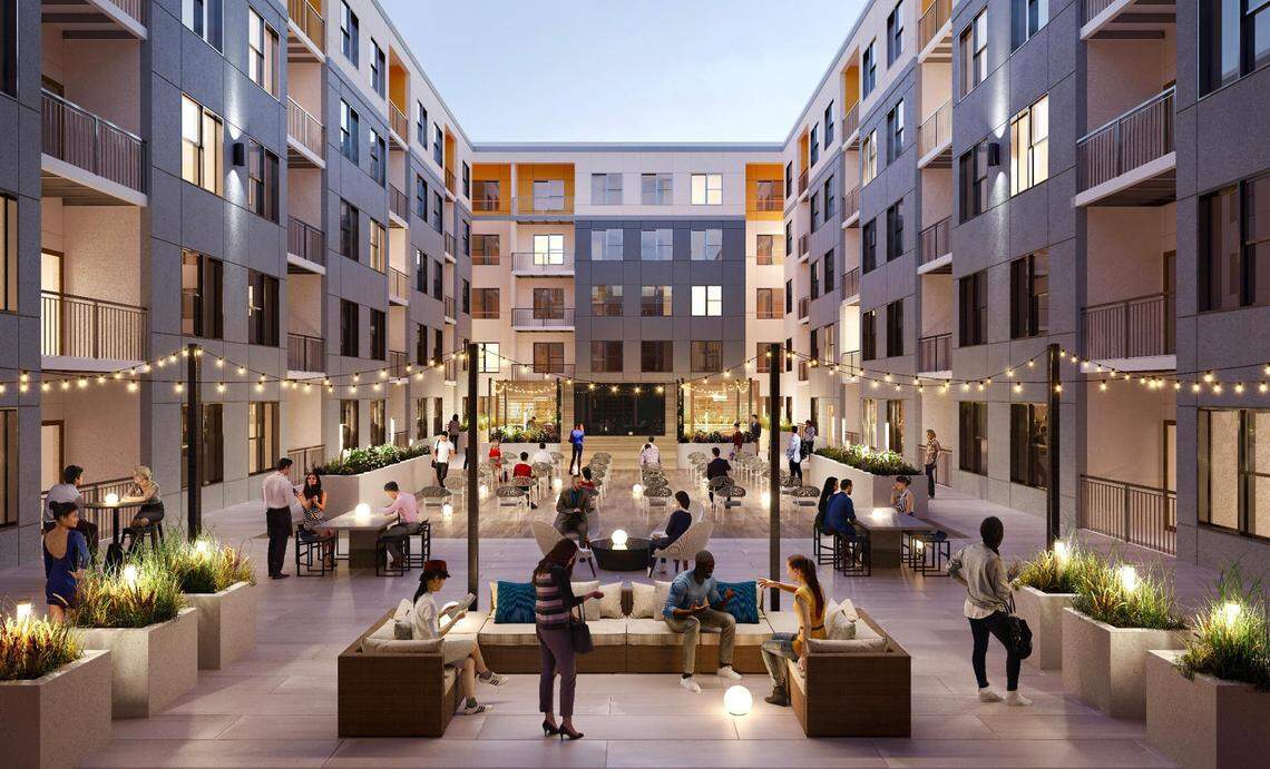 A rendering shows the west courtyard of Legends 267.