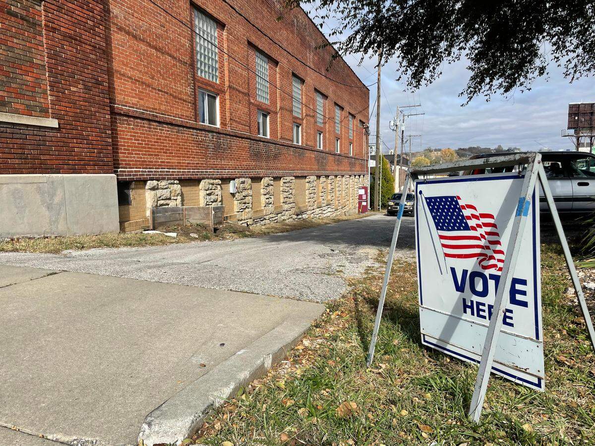 A voting sign sits outside the Guadelupe Youth Center at 814 W. 26th Street in Kansas City, Missouri, on Tuesday, Nov. 8.