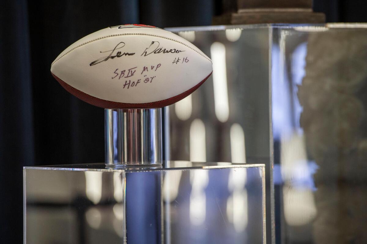 A football signed by Len Dawson was on display at the Chiefs Hall of Honor on Thursday, Sep. 1, 2022, at Arrowhead Stadium.