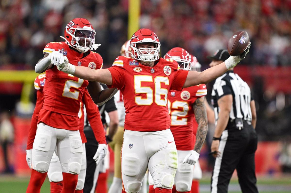 Kansas City Chiefs defensive end George Karlaftis celebrates after recovering a San Francisco 49ers in the first quarter of Super Bowl LVIII, Sunday, Feb. 11, 2024, in Las Vegas.