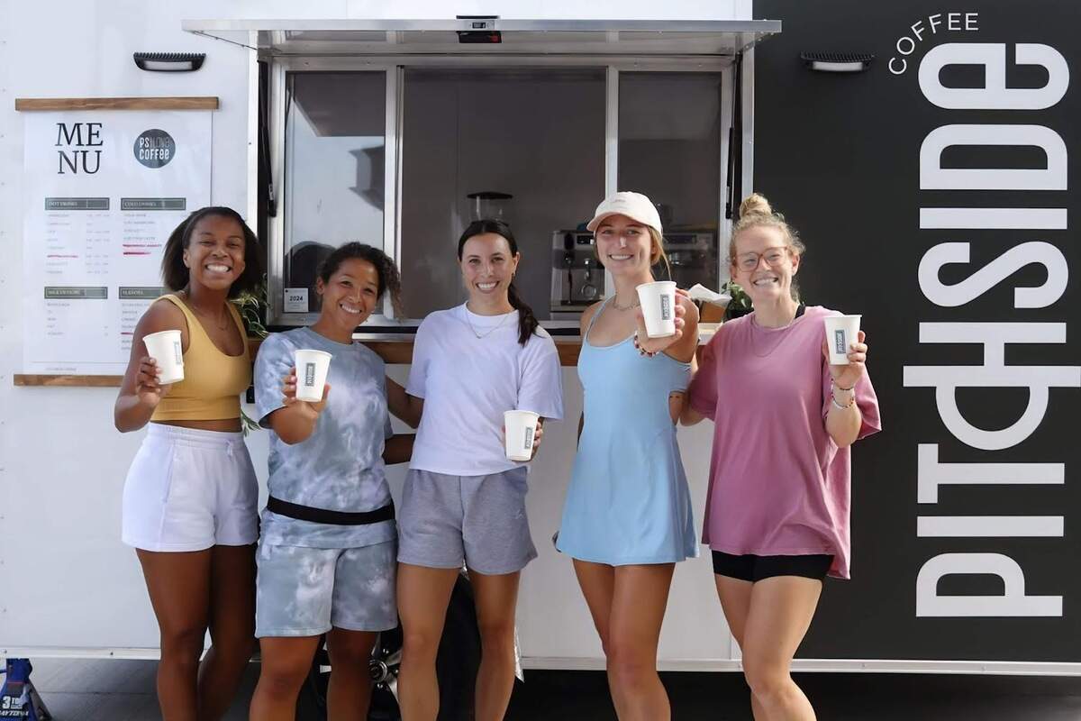 KC Current teammates Elizabeth Ball, from left, Desiree Scott, Vanessa DiBernardo, Hailie Mace and Kristen Hamilton started their own coffee business, Pitchside Coffee.