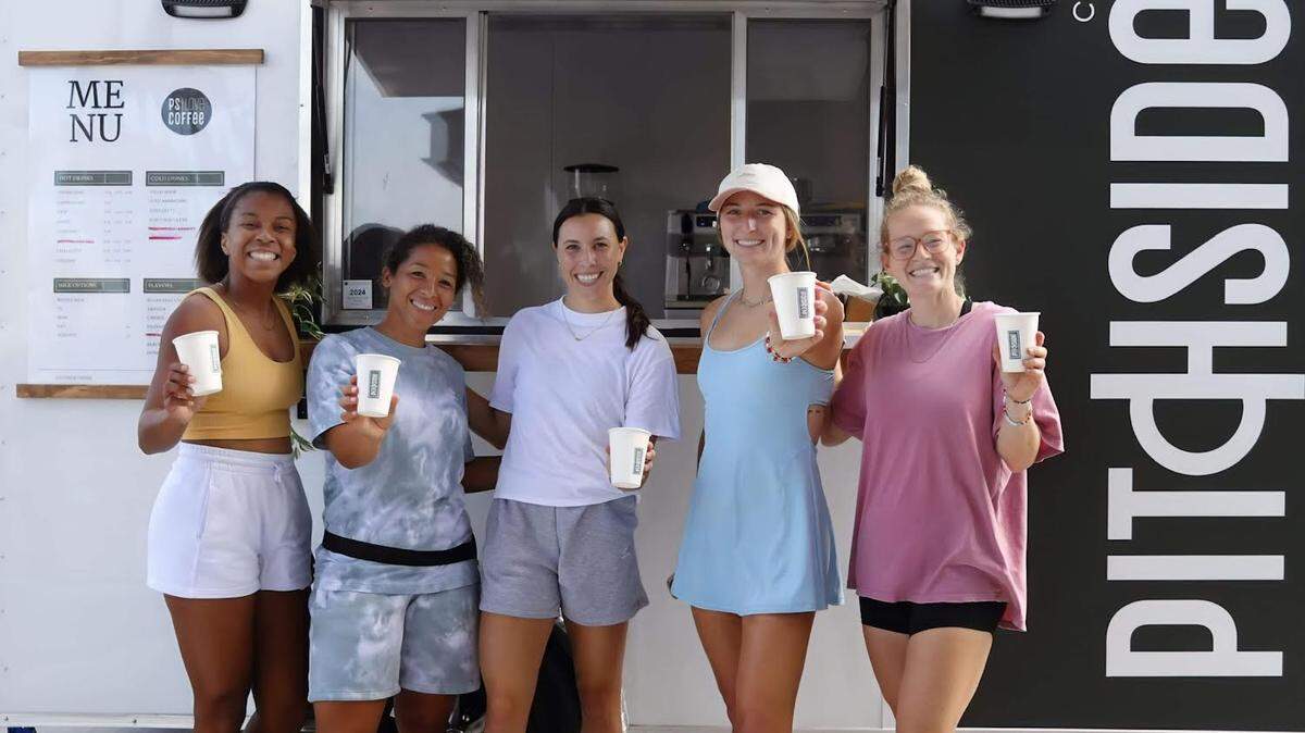 KC Current teammates Elizabeth Ball, from left, Desiree Scott, Vanessa DiBernardo, Hailie Mace and Kristen Hamilton started their own coffee business, Pitchside Coffee.