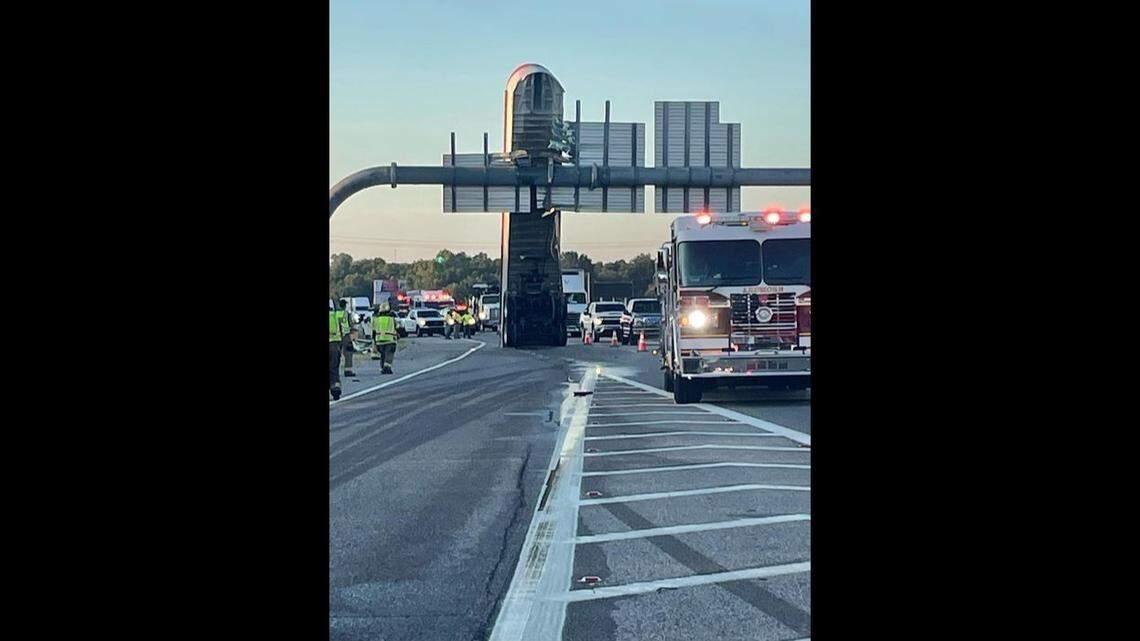 A big rig’s trailer hit a highway sign, ripped off from the vehicle and got stuck, Oklahoma Highway Patrol said.