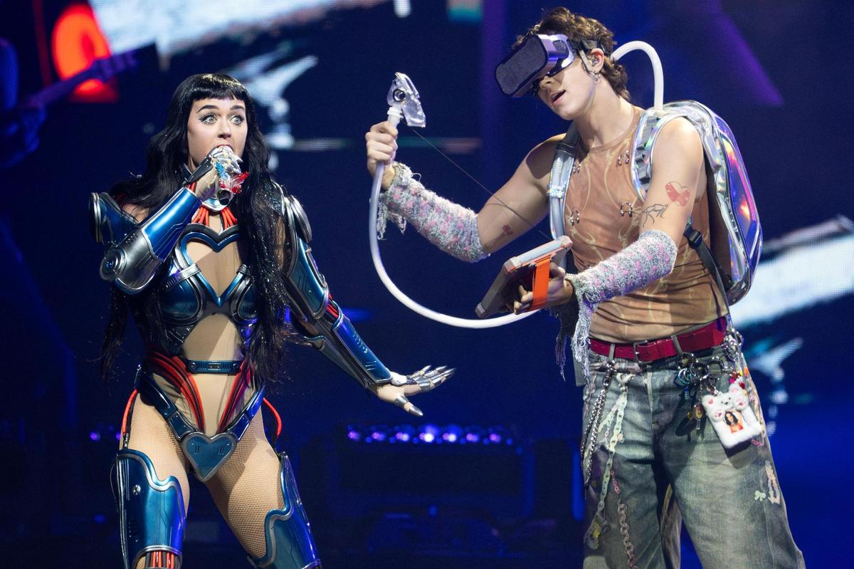 Singer Katy Perry performs the song “Chained to the Rhythm” during her Lifetimes Tour at the T-Mobile Center on Saturday, May 10, 2025, in Kansas City.