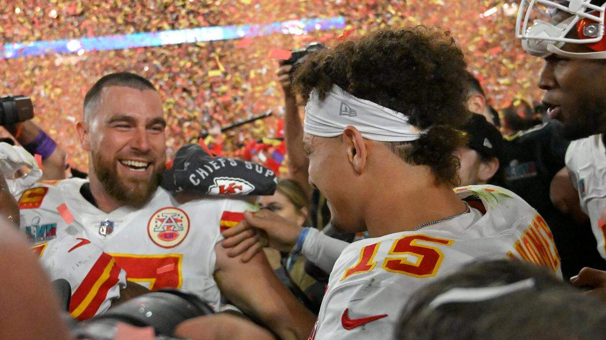 Chiefs tight end Travis Kelce, left, and quarterback Patrick Mahomes celebrate in the confetti after KC’s Super Bowl LVII defeat of the Philadelphia Eagles at State Farm Stadium in Glendale, Arizona.
