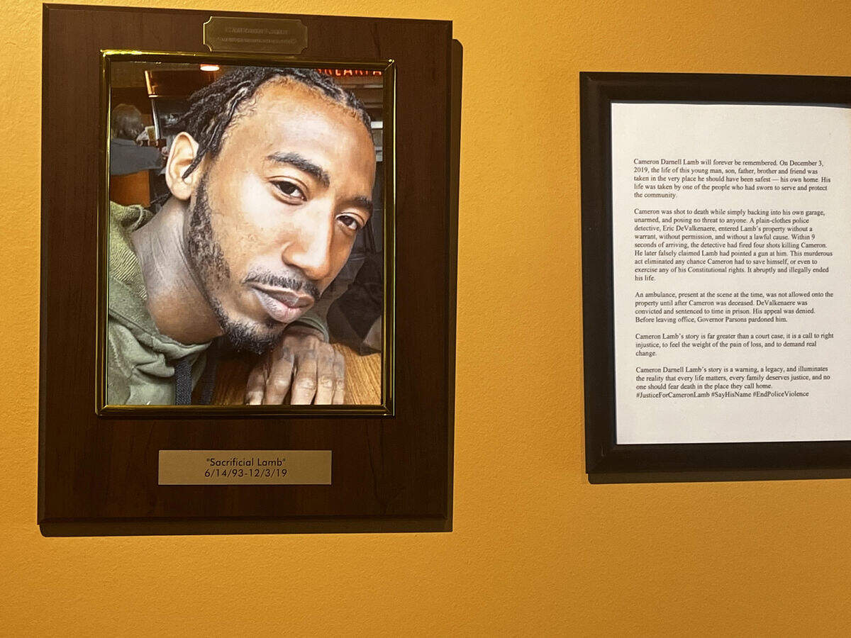 A picture of Cameron Lamb, a 26-year-old Black man gunned down by a Kansas City police detective, at the Black Archives of Mid-America.