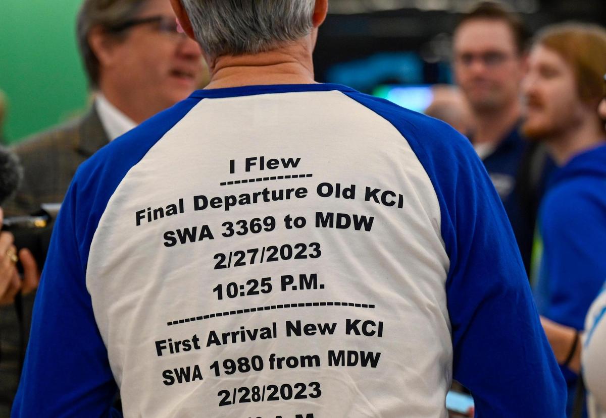 Jere Sellers of Prairie Village wore a commemorative shirt when he arrived Tuesday, Feb. 28, 2023, at new $1.5 billion single terminal at Kansas City International Airport.