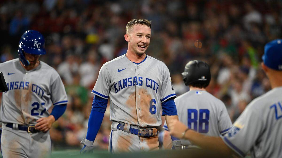 Kansas City Royals right fielder Drew Waters reacts to his two-run home run during the fourth inning against the Boston Red Sox at Fenway Park on Aug. 8, 2023.