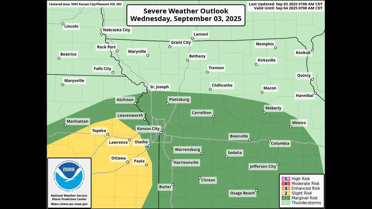 Severe weather will be possible Wednesday with large hail and damaging winds being the main threat, according to the National Weather Service. An isolated tornado cannot be ruled out. The National Weather Service’s Storm Prediction Center has placed Kansas City in an area at a marginal risk of severe storms.