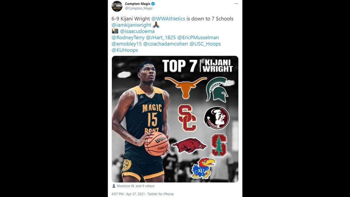 Kijani Wright, a 6-foot-9, 225-pound junior power forward from Windward School in Los Angeles, is considering Kansas and six other college destinations, his Compton Magic AAU team reported on Twitter.