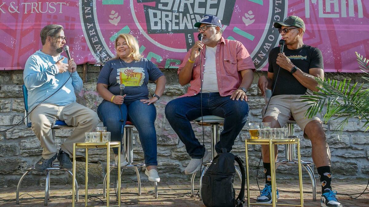 “Beers with Nigel” a live podcast hosted by Nigel Woodberry (far right) and Nick Parker (far left) talked with Aaron and Brigitte Hosé producers of “One Pint at a Time” a documentary about Black brewers, Friday, April 12, 2024 at Vine Street Brewing Co.